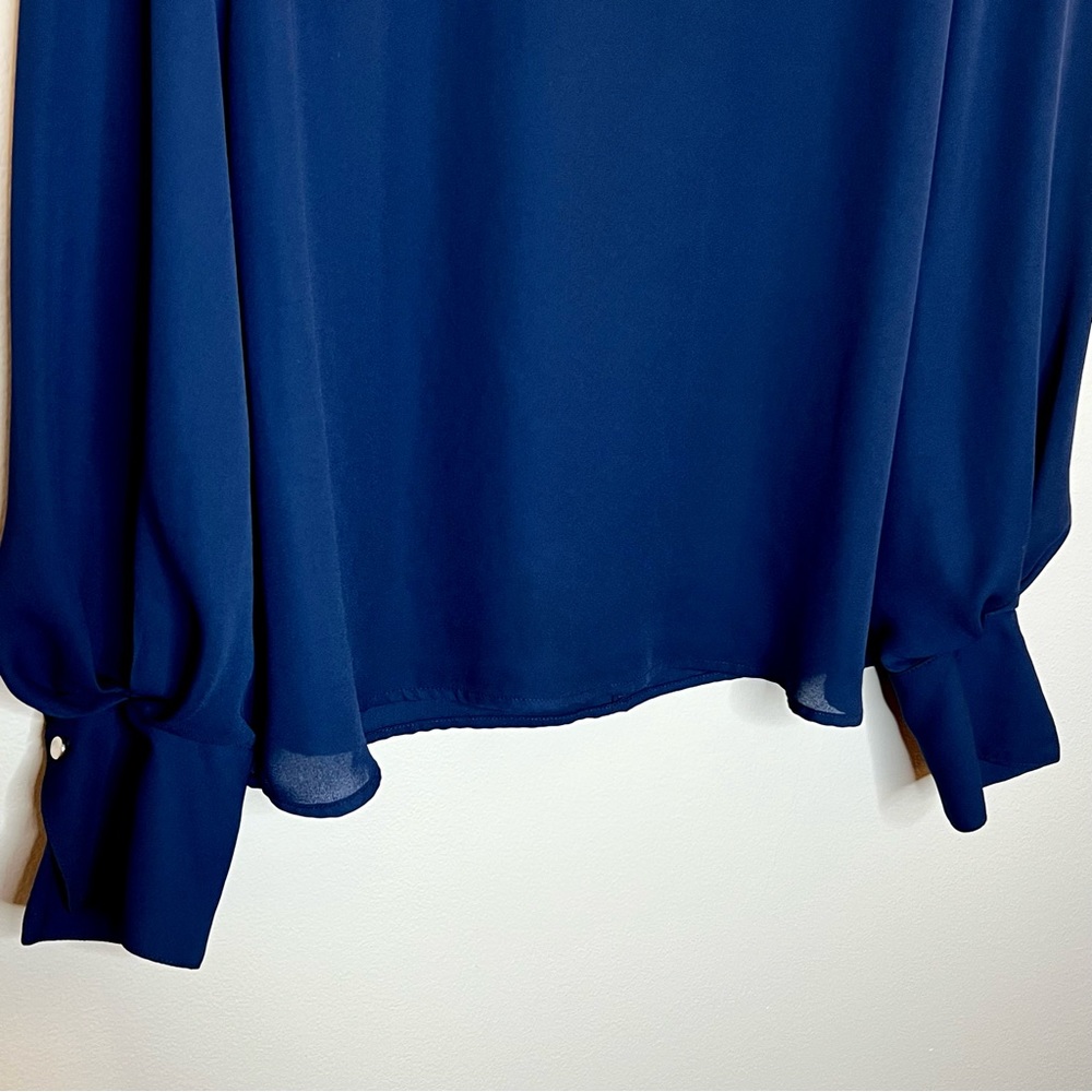 Worthington Embellished Beaded Blouse Sz S Navy Blue Mock Neck Bishop Sleeves - Picture 5 of 14